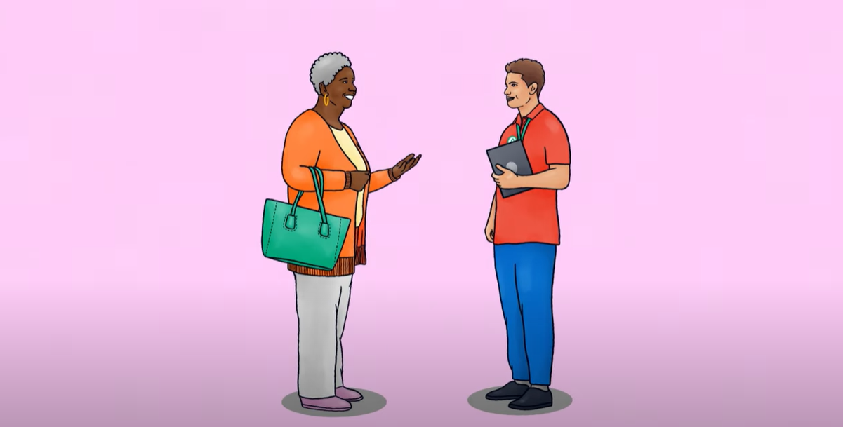 Cartoon image of a fundraiser talking to a pedestrian on the street