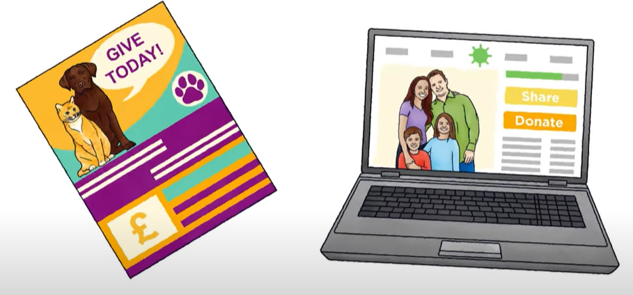 Cartoon fundraising leaflet next to a cartoon laptop with a fundraising page open